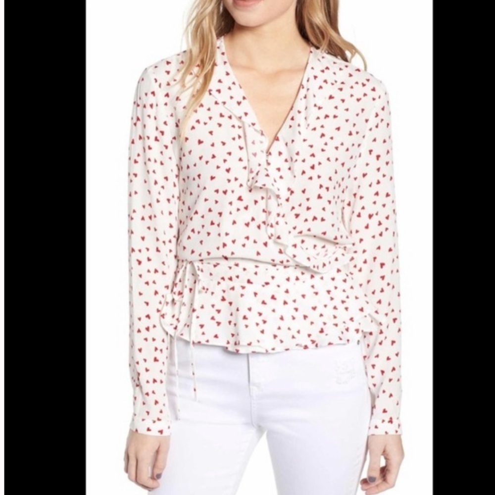 RAILS Simone Smitten Hearts Print Ruffled Wrap Long Sleeves Blouse White/Red XS